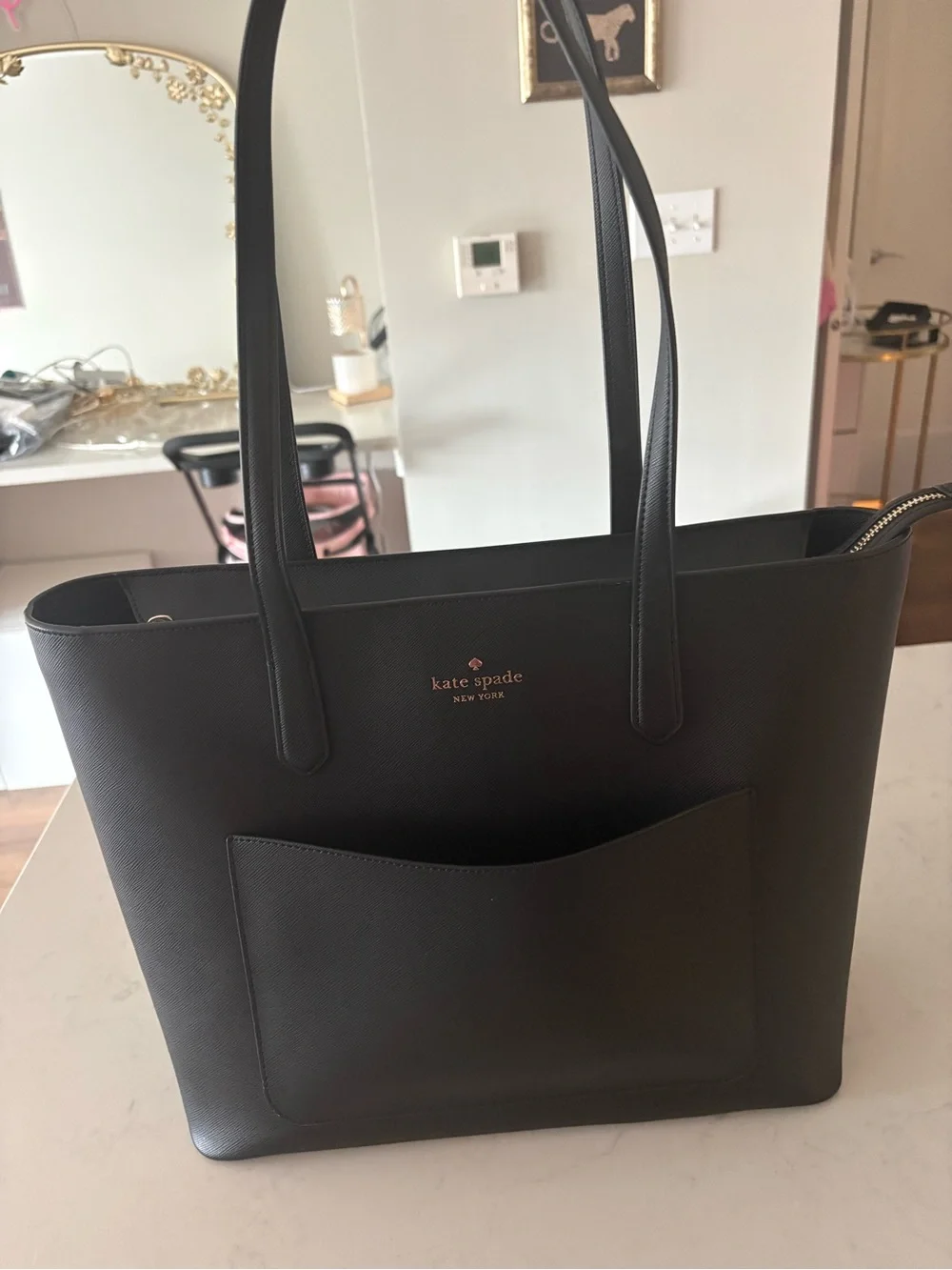 kate spade Black Leather Tote with Front Pocket